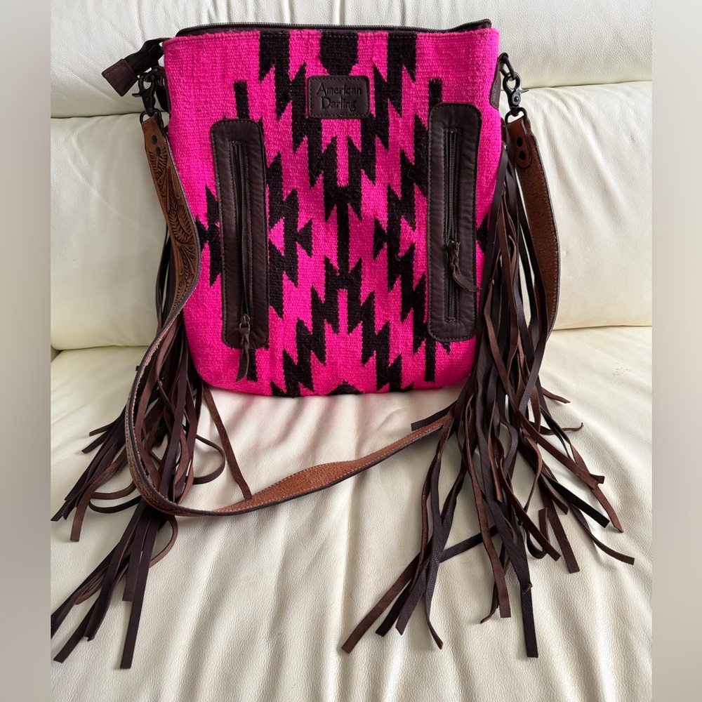 American Darling Large Crossbody Messenger Bag Pink and Black Fringed